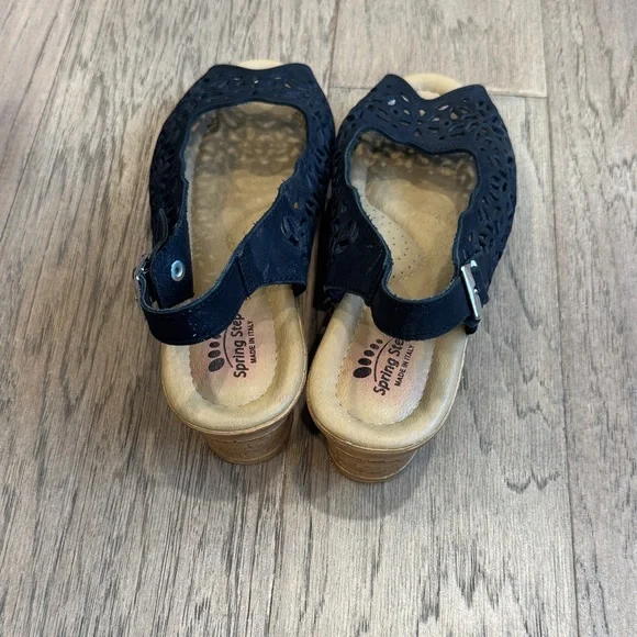 Spring Step Cutwork Wedge Black Peep Toe Slingback Italy Made Sandal Size 9 - Picture 3 of 7